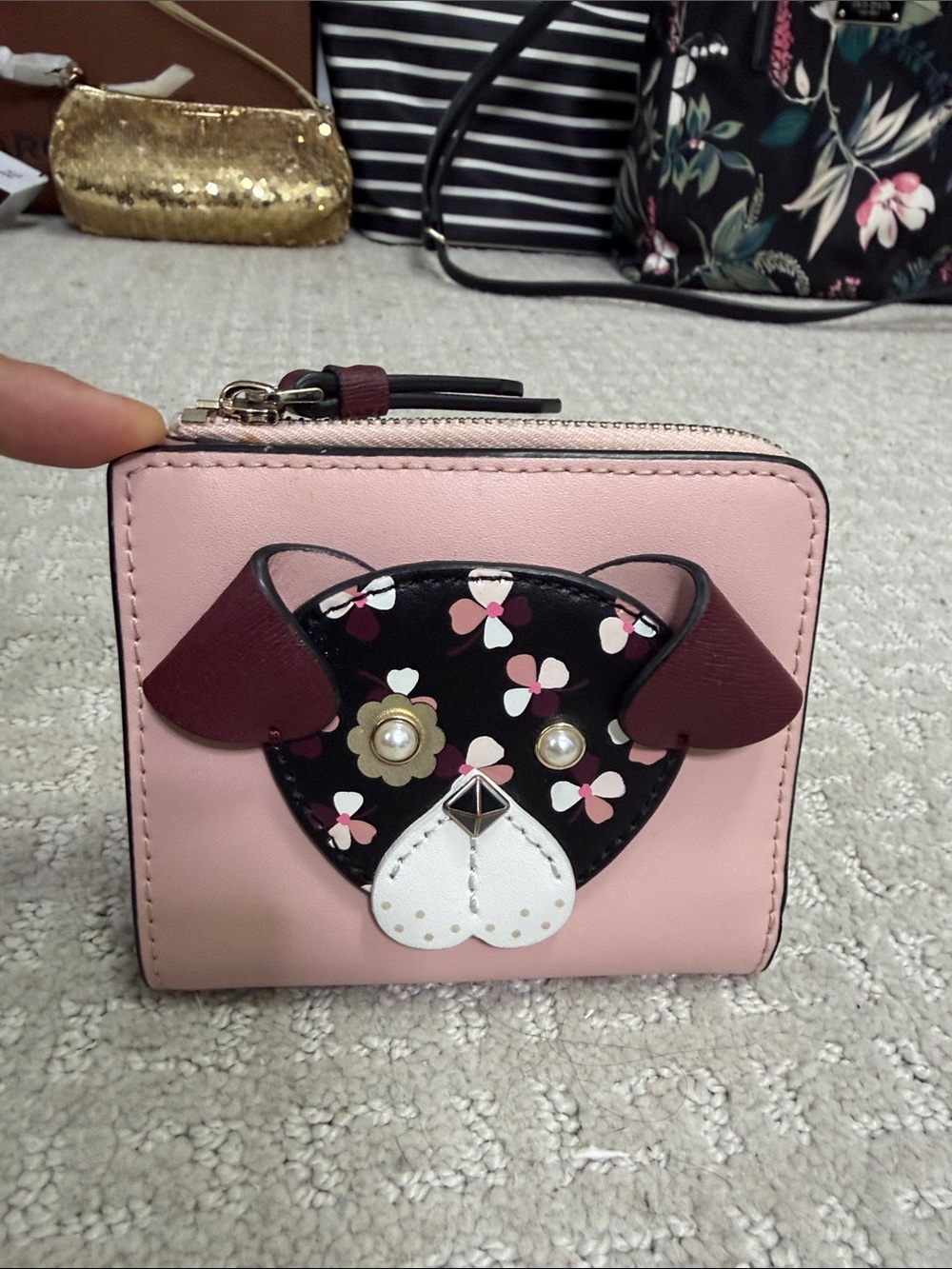 Pink Kate Spade New York Floral Pup Small L-Zip Bifold Wallet
